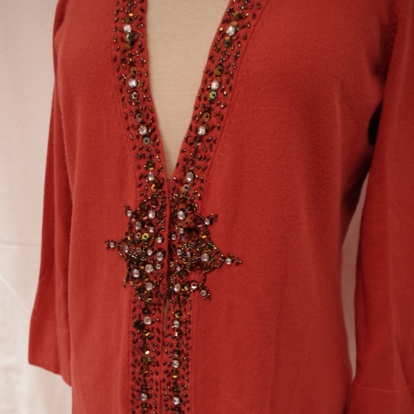 Nine West Coral Beaded/Bejeweled V Neck Cardigan - Sz. Lrg P - Picture 3 of 5